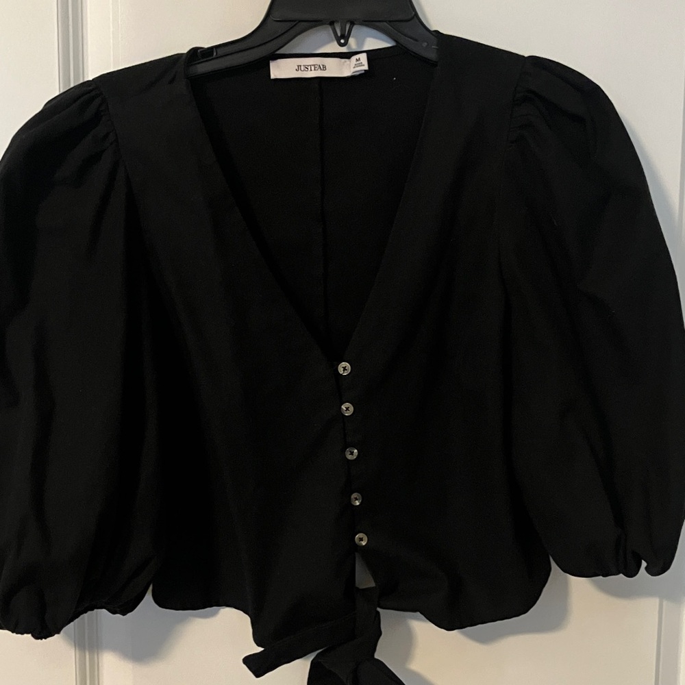 Black Puff Sleeve Button-Up Blouse